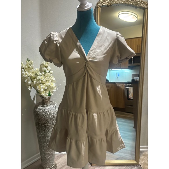 Everyday Skies Are Blue Dresses & Skirts - Everyday Skies Are Blue Faux Leather Tiered Mini Dress Puff Sleeve Beige Tan NEW